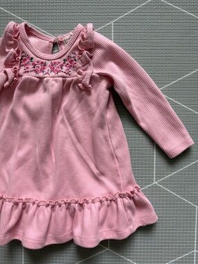 Between|Baby girl long sleeve ribbed  Pink Ruffle dress,floral embroidery•••12M
